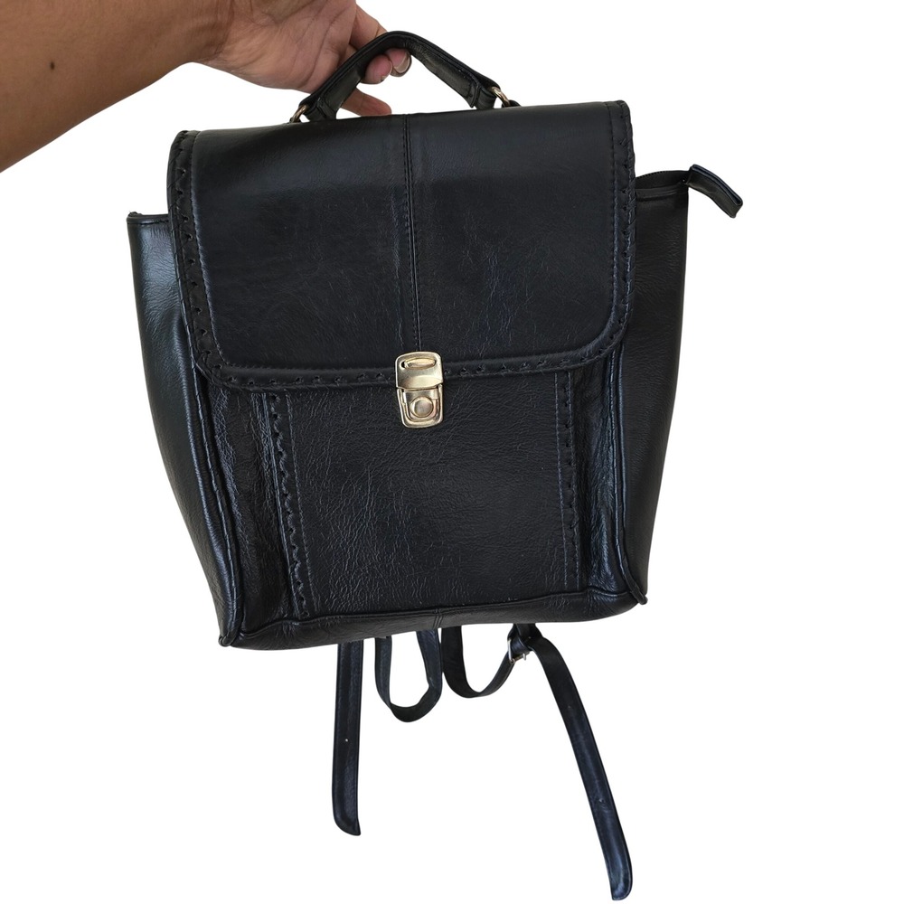 Genuine Leather Backpack Purse Black Whipstitch Made in‎ Mexico Gold Hardware